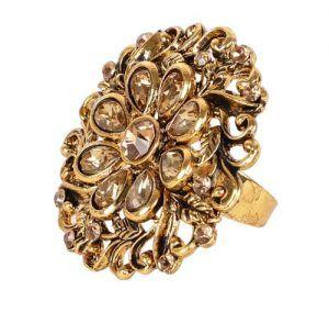 Glaring Round Golden Copper Kundan Ring