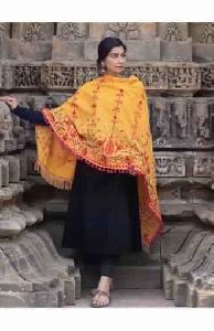 Mustard Floral Aari Embroidered Khadi Dupatta