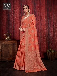 Orange Color Linen Silk Designer Saree