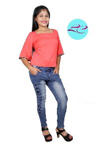 Ladies Dobby Faded Color Blue High Waist 2 Button Stretchable Jeans