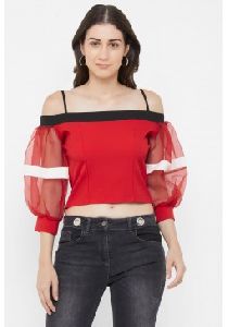 Off-shoulder Balloon Mesh Sleeves Crop top