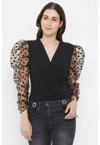 V-Neck Puff mesh polka sleeve top