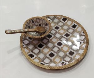 Wooden Plate with Bowl & Spoon