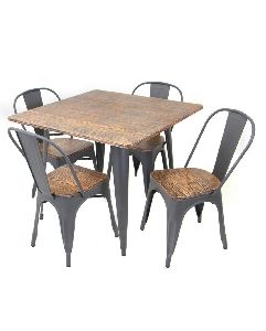 Metal Industrial Dining Table Set with 4 Chairs with Wooden Top