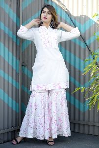 Rayon White Kurta Sharara Set