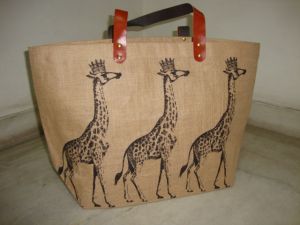 BLACK PRINTED JUTE BAG WITH REXINE HANDLE