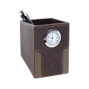 Leather Pen Stand with Clock