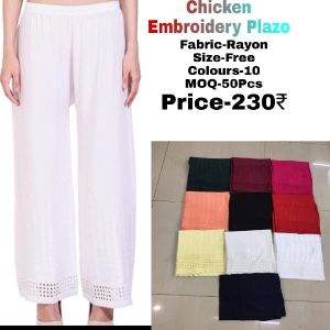 Ladies Rayon Chikan Embroidery Palazzo Pant_White