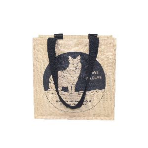 Black Color Long Cotton Web Handle PP Laminated Jute Tote Bag