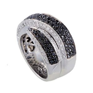 White And Black Diamond Cross-Over Wide Band Ring With 14k White Gold