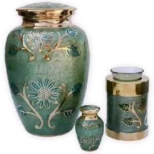 BRASS ADULT CREMATION URN  SUN FLOWER ENGRAVING WITH ENAMEL