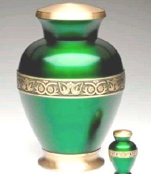 BRASS ADULT CREMATION  URN WITH NATURE GREEN STICKER MEENA FINISH