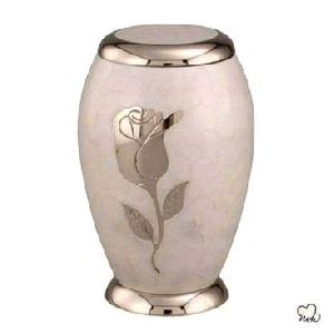 BRASS ADULT  HANDMADE FURNEAL CREMATION URN  WITH ROSE FIGURE OFF WHITE ENAMEL GLOSSY