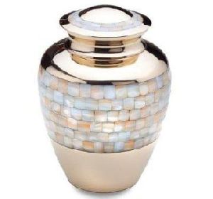 BRASS CREMATION URN WITH MOTHER OF PILES  FINISH