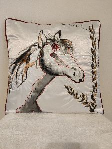 Horse Head Hand Embroidered And Printed Cushion Cover