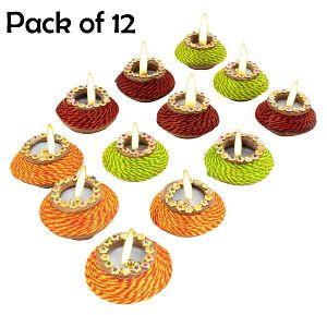 12 multicolor traditional handmade diwali clay diya