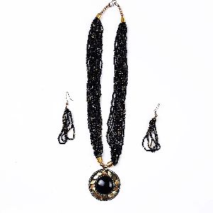 Beads Mala Necklace Set Studded With Bold Stones Pendent And Matching Earrings