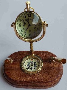 Antique Wooden Brass Table Clock Globe with Pen Holder and Compass