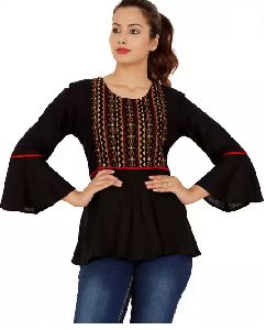 Bell Sleeves Embroidered Women Black Top