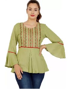 Bell Sleeves Embroidered Women Green Top
