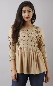 Embroidered Women Brown Casual Top