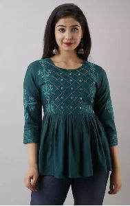 Ladies Embroidered Women Dark Casual Green Top