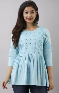 Ladies Embroidered Women Light Blue casual Top