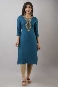 Embroidery Women Blue Rayon Kurta