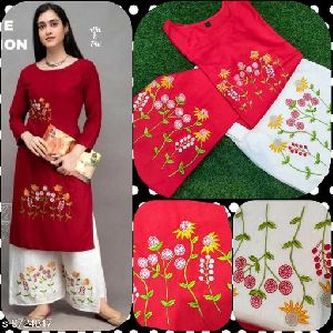 Maroon Double Embroidery Kurtis With Palazzo