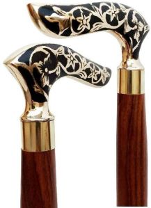 Brass Handle Wooden Walking Stick Cane 2 Fold Walking