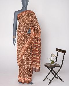 Hand Block Zari Border Chanderi Saree With Blouse