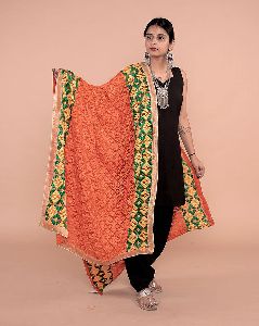 Orange Yellow Chinnon Chiffon Zari Border Phulkari Dupatta