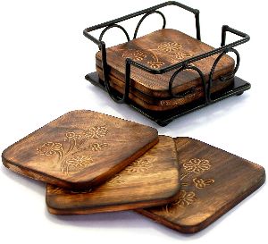 NATURAL WOODEN TEA COASTER WITH CARVIN HANDMADE