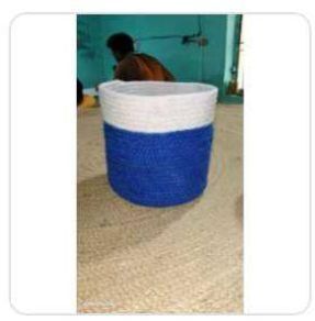 Blue and White Jute Laundry Basket