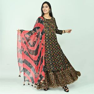 Black & Red Kurta with Skirt and Dupatta