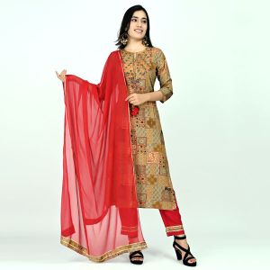 Light Brown Printed Kurta with Maroon Pant & Dupatta