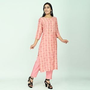 Soft Pink Pant Set with Pearl Hand Work & Printed Pants