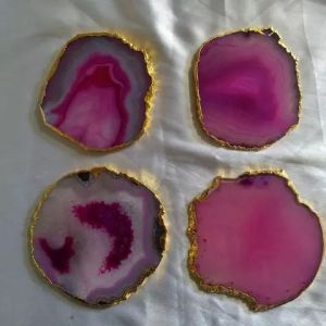 Pink Agate Coasters with Gold Rim