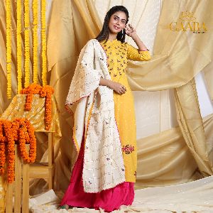 Charming Yellow Cotton Kurta And Dupatta With Embroidery