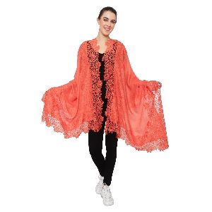 Coral Orange Silk Wool Stole