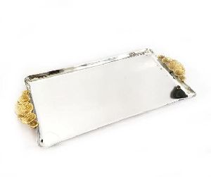Ss Steel Serving Tray with Brass Handle