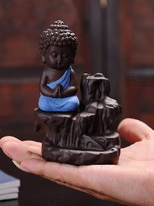 Resin Baby Buddha Meditating Monk Waterfall Backflow Incense Holder (Multicolor)