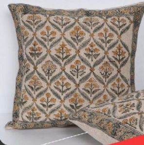 HANDBLOCK PRINTED COTTON CANVAS EMBRIODERY JUTE CUSHION COVER