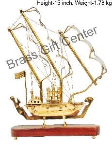 Brass Table Decor Showpiece Ship With Wooden Base (MR128 B)