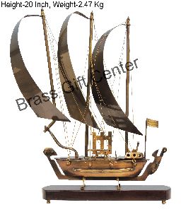 Brass Table Decor Showpiece Ship With Wooden Base (MR172 C)