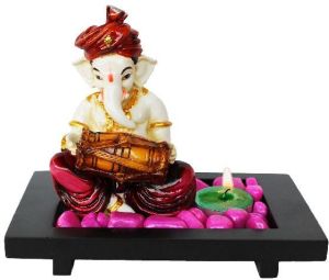 Dhol Playing Ganesha Idol With Wooden Tray