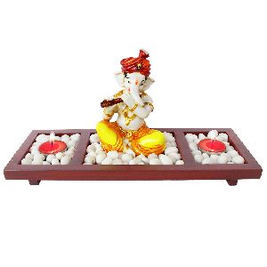 Manjira Playing Ganesha Decor On Wooden Tray