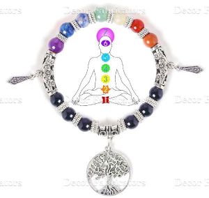 Natural 7 Chakra Elastic Stone Bracelet with Tree Charm