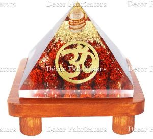 Orgone Rudraksh Stone and Golden Om Symbol Vastu Pyramid with Brown Wooden Stand