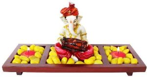 Pink Sitting Dhol Playing Ganesha Decor On Wooden Tray